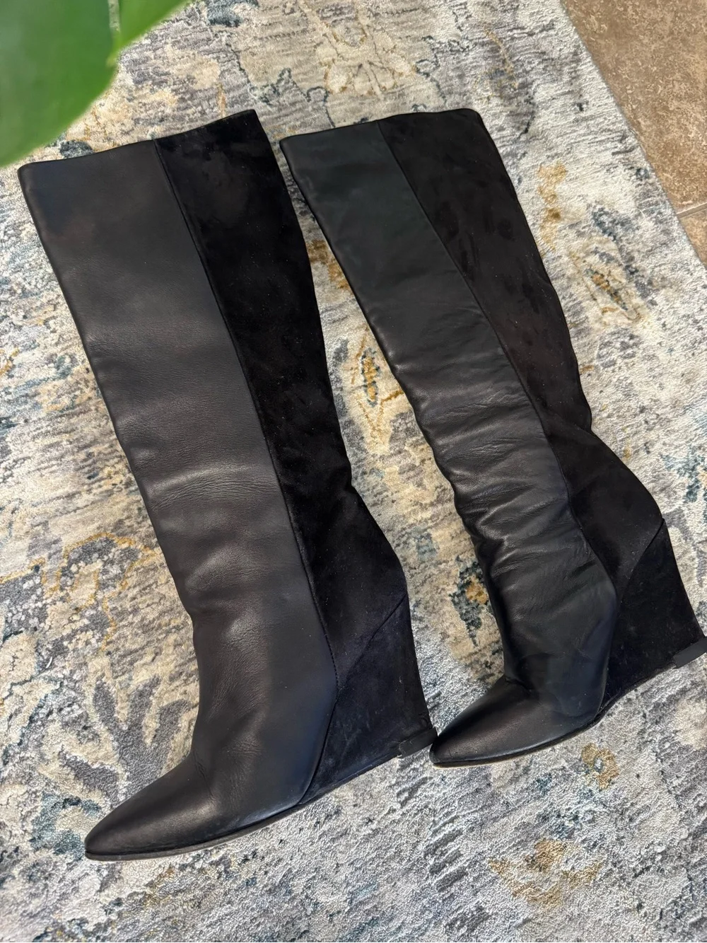 All Saints Black Leather and Suede Over-the-Knee Wedge Boots
